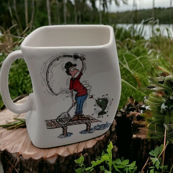 VTG 1992 Fly Fishing Cartoon Mug “The Results of Over Cast” Square Twist Ceramic - Picture 1 of 7